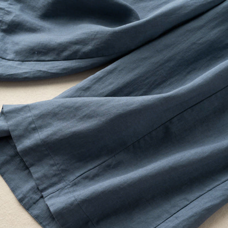 Plain Color 7-8 Length Capri Cropped Pants Cotton Linen Women's Wide Leg Pants With Pockets