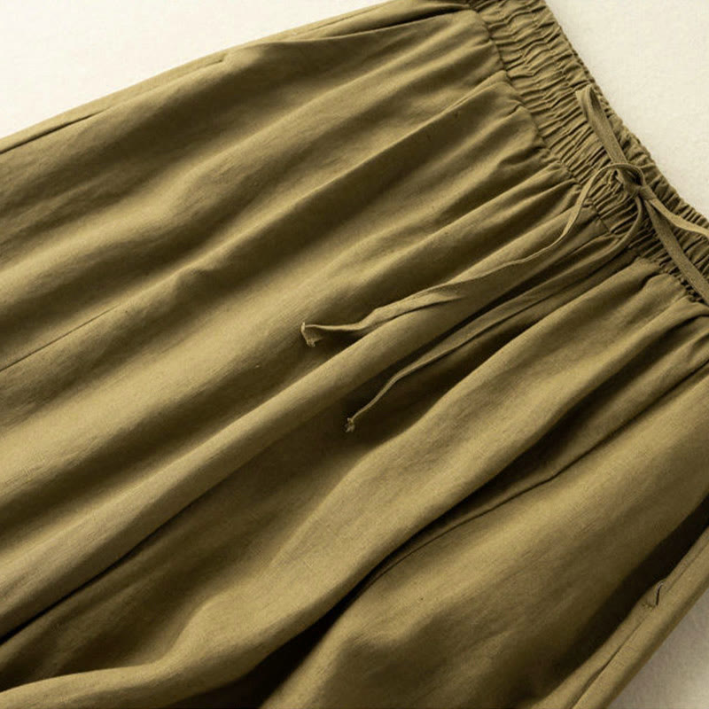 Plain Color 7-8 Length Capri Cropped Pants Cotton Linen Women's Wide Leg Pants With Pockets