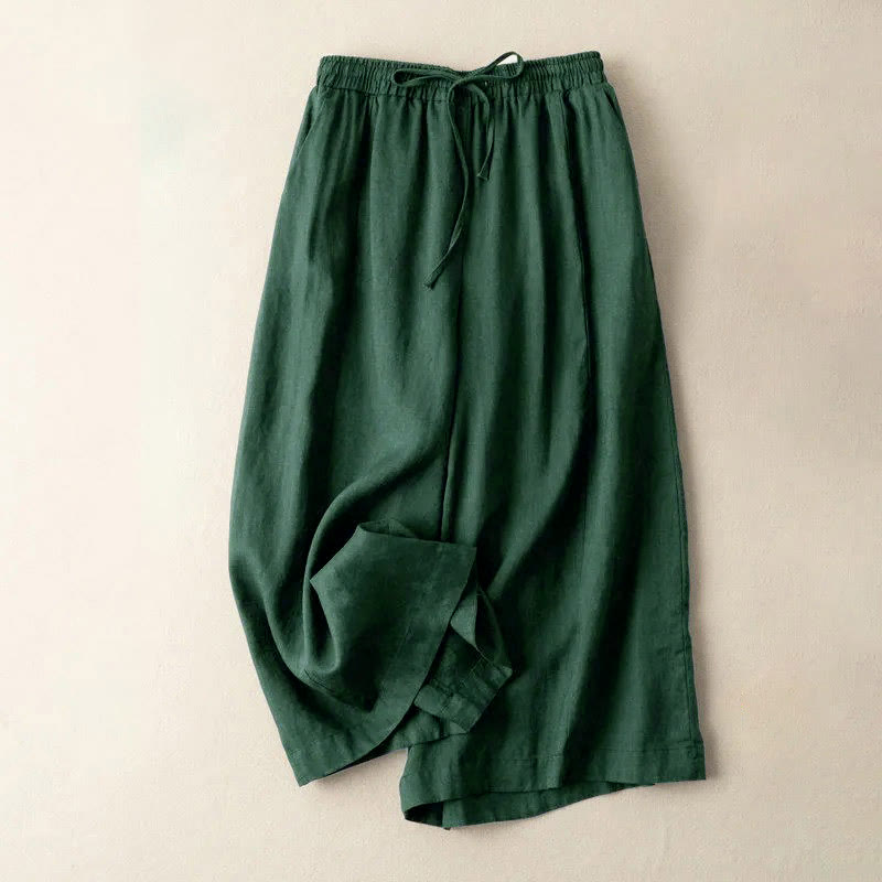 Plain Color 7-8 Length Capri Cropped Pants Cotton Linen Women's Wide Leg Pants With Pockets