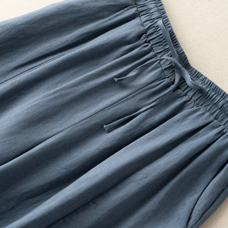 Plain Color 7-8 Length Capri Cropped Pants Cotton Linen Women's Wide Leg Pants With Pockets