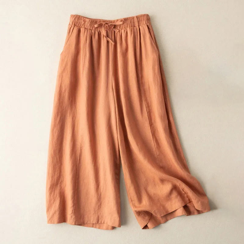 Plain Color 7-8 Length Capri Cropped Pants Cotton Linen Women's Wide Leg Pants With Pockets