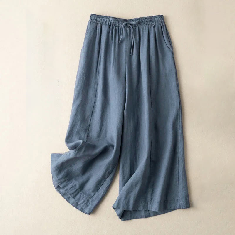 Plain Color 7-8 Length Capri Cropped Pants Cotton Linen Women's Wide Leg Pants With Pockets