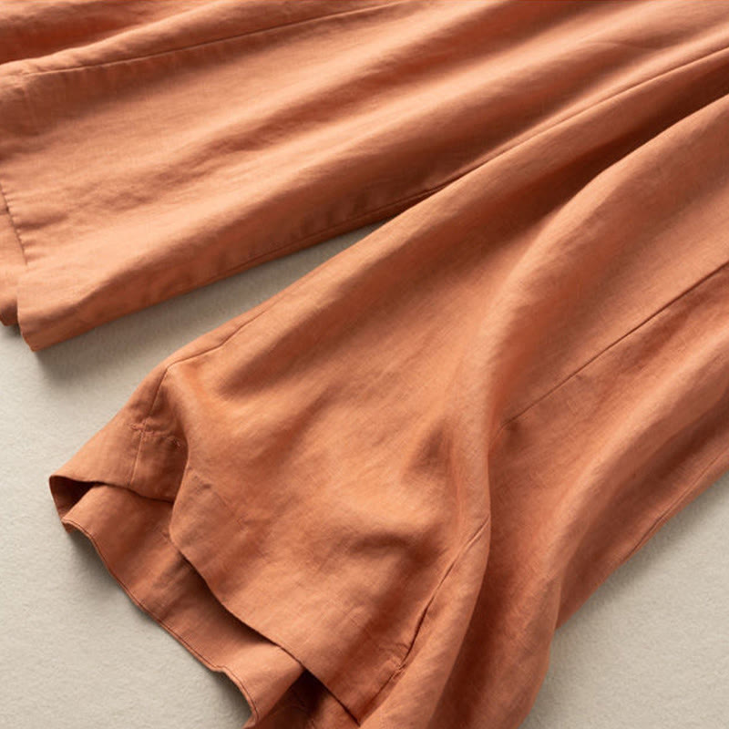Plain Color 7-8 Length Capri Cropped Pants Cotton Linen Women's Wide Leg Pants With Pockets