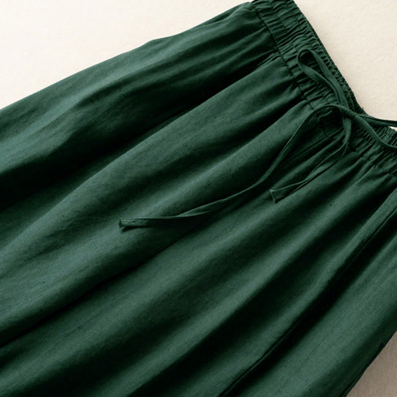 Plain Color 7-8 Length Capri Cropped Pants Cotton Linen Women's Wide Leg Pants With Pockets