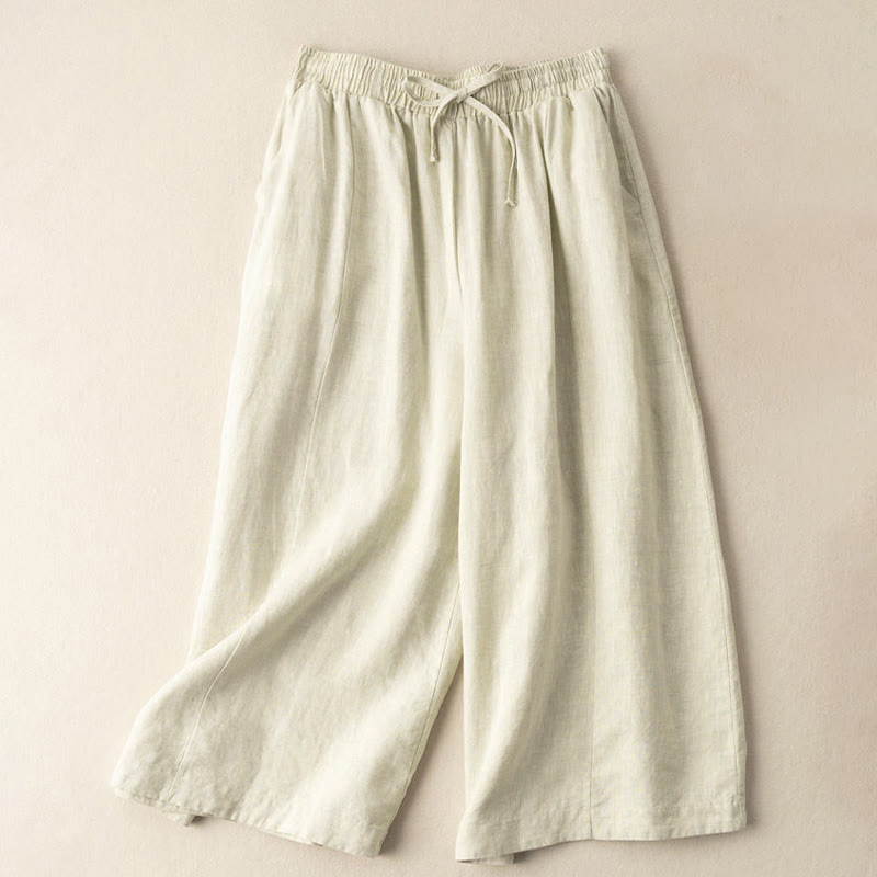 Plain Color 7-8 Length Capri Cropped Pants Cotton Linen Women's Wide Leg Pants With Pockets