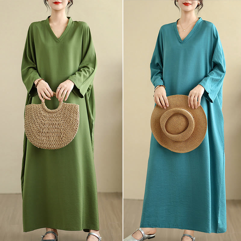 Tactile Cotton Linen V-Neck Grounding Maxi Dress