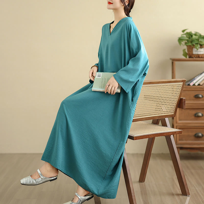 Tactile Cotton Linen V-Neck Grounding Maxi Dress