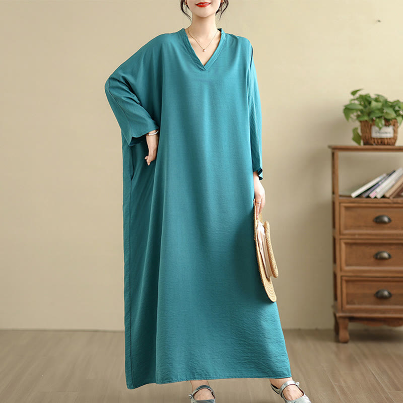 Tactile Cotton Linen V-Neck Grounding Maxi Dress