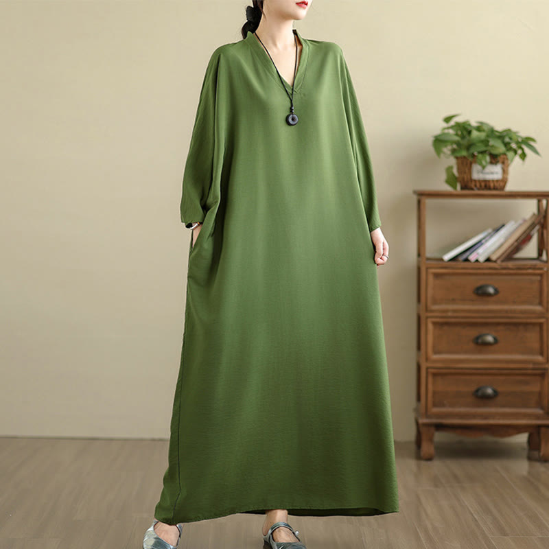 Tactile Cotton Linen V-Neck Grounding Maxi Dress