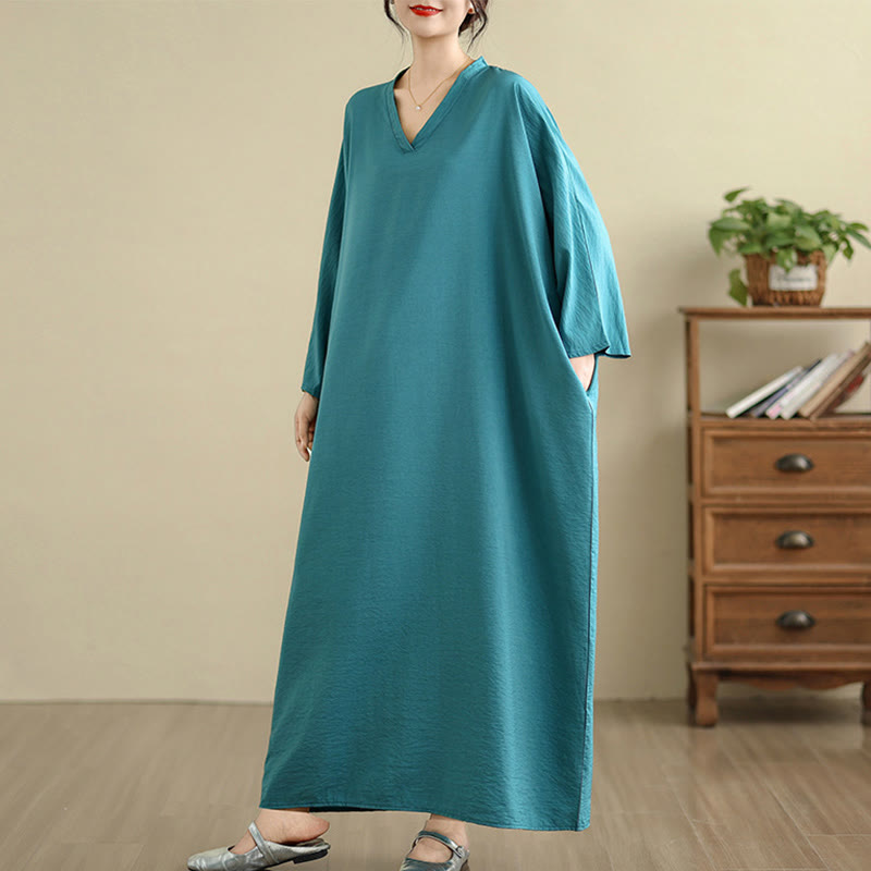 Tactile Cotton Linen V-Neck Grounding Maxi Dress