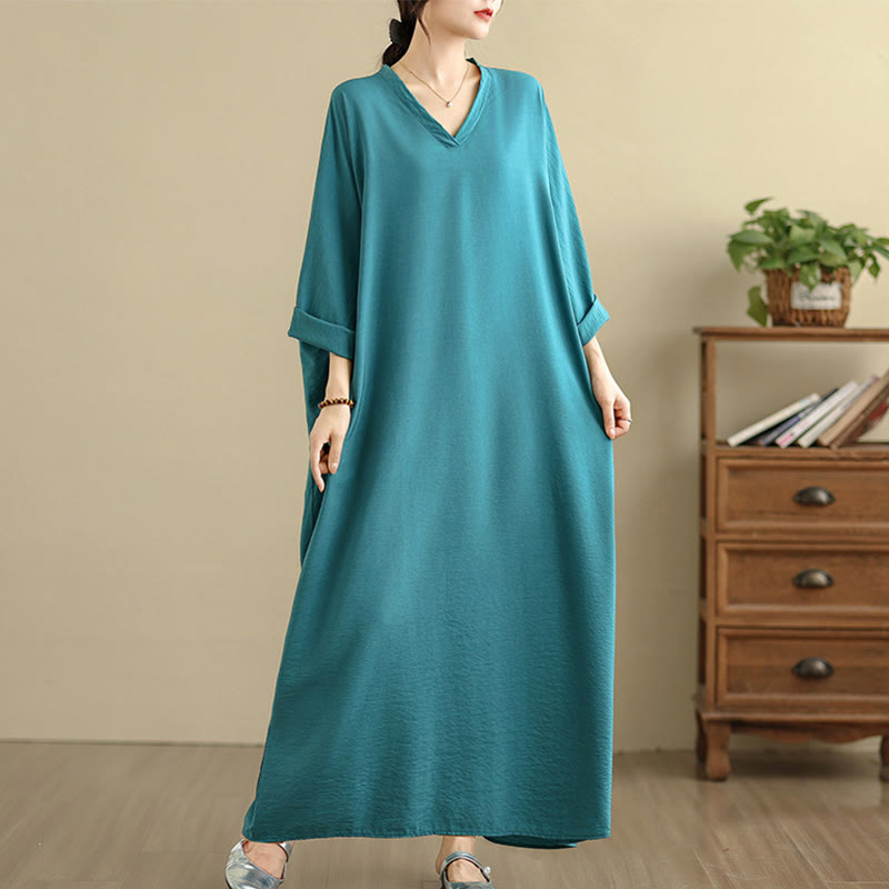 Tactile Cotton Linen V-Neck Grounding Maxi Dress