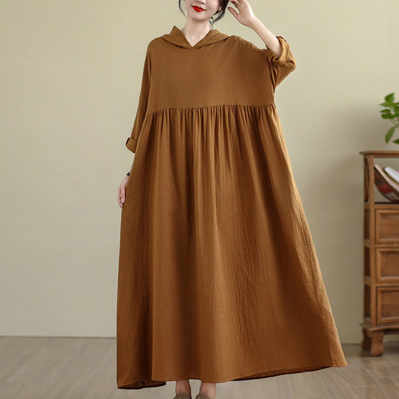 Cotton Linen Hooded Midi Dress for Mindful Daily Movement
