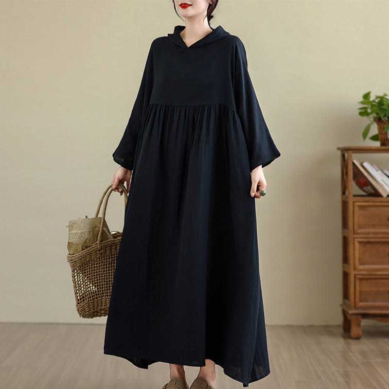 Cotton Linen Hooded Midi Dress for Mindful Daily Movement