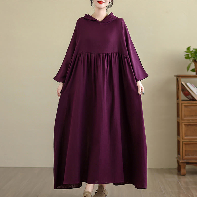 Cotton Linen Hooded Midi Dress for Mindful Daily Movement