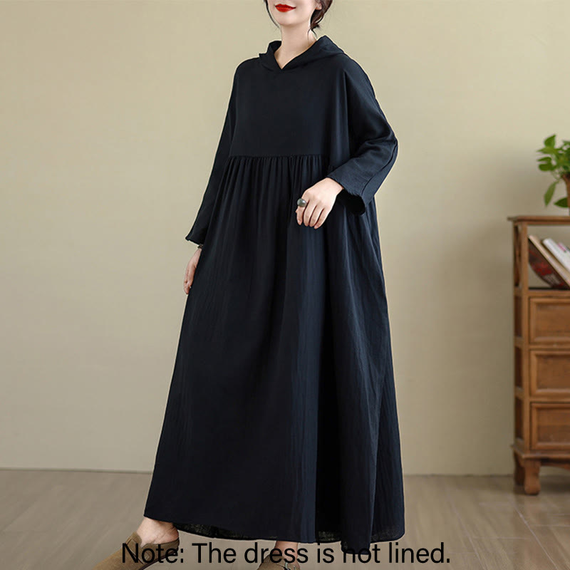 Cotton Linen Hooded Midi Dress for Mindful Daily Movement