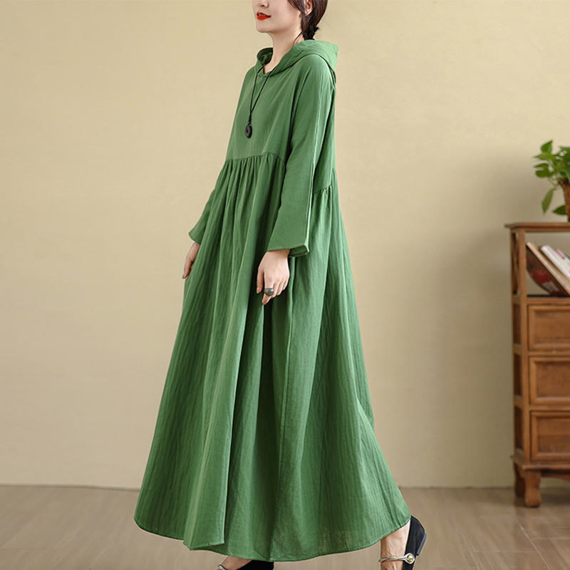 Cotton Linen Hooded Midi Dress for Mindful Daily Movement