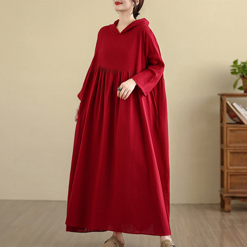 Cotton Linen Hooded Midi Dress for Mindful Daily Movement