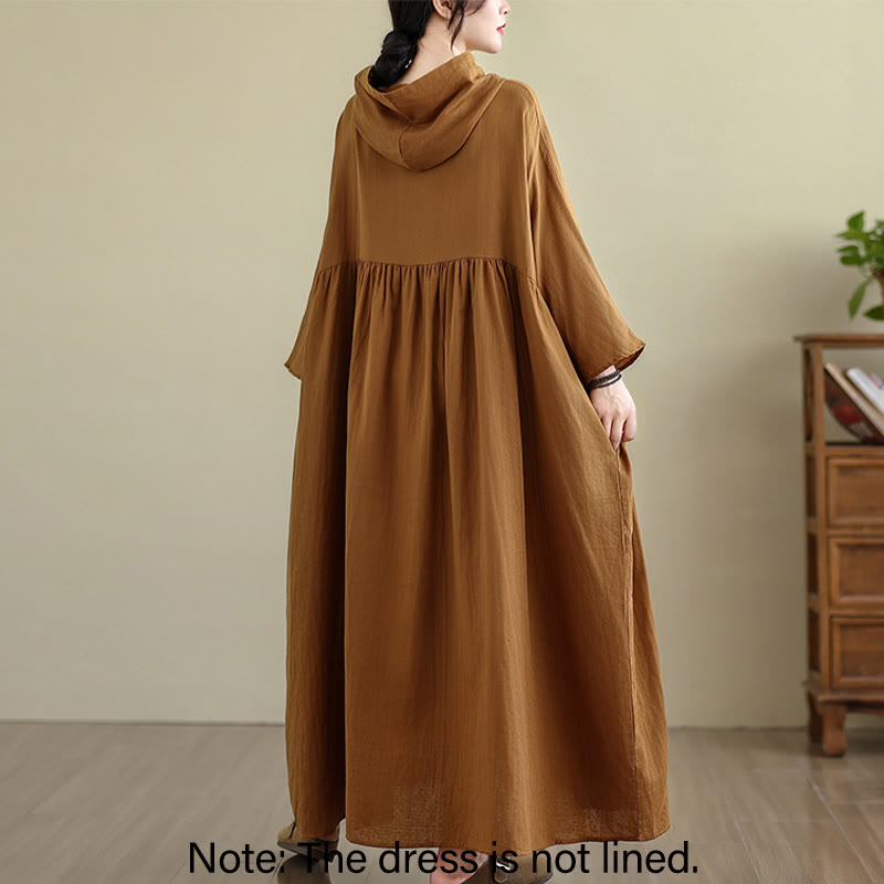 Cotton Linen Hooded Midi Dress for Mindful Daily Movement