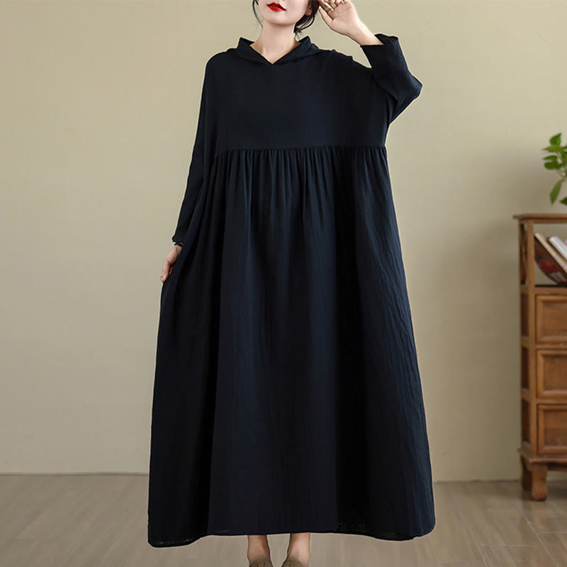Cotton Linen Hooded Midi Dress for Mindful Daily Movement