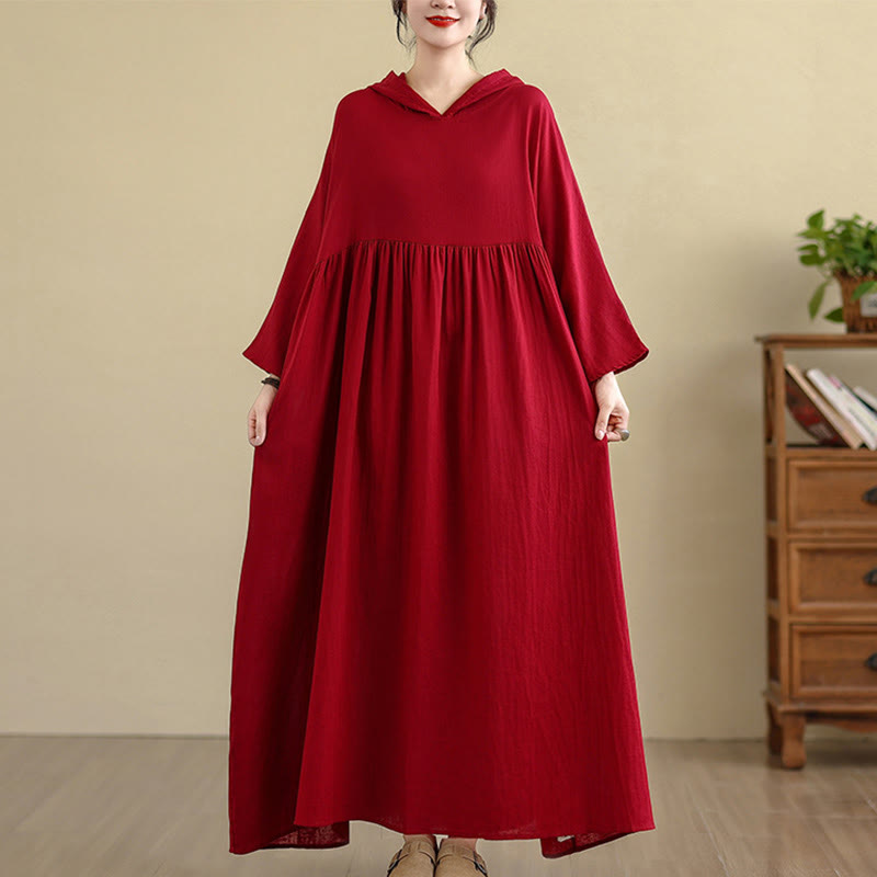 Cotton Linen Hooded Midi Dress for Mindful Daily Movement