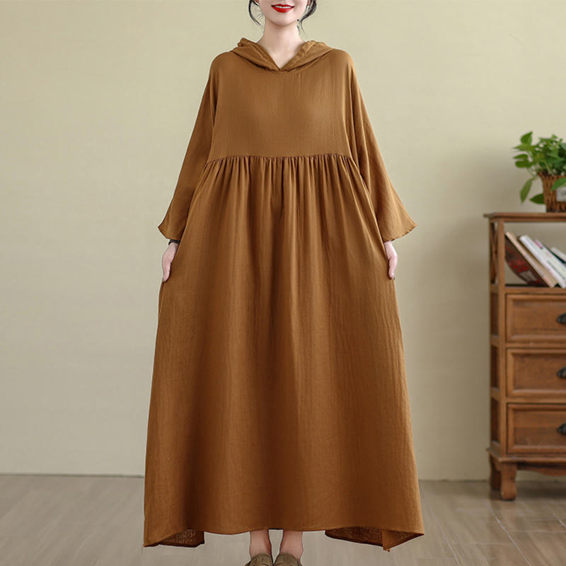Cotton Linen Hooded Midi Dress for Mindful Daily Movement