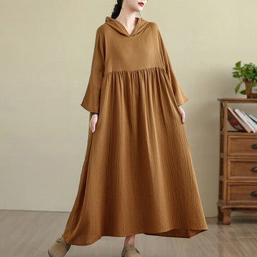 Cotton Linen Hooded Midi Dress for Mindful Daily Movement