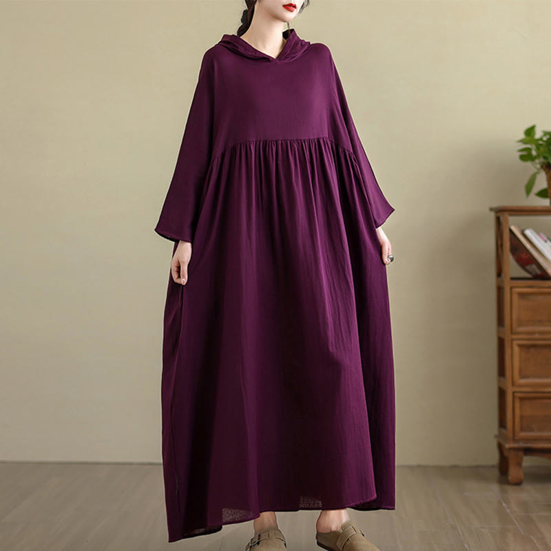Cotton Linen Hooded Midi Dress for Mindful Daily Movement