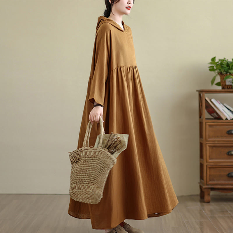 Cotton Linen Hooded Midi Dress for Mindful Daily Movement