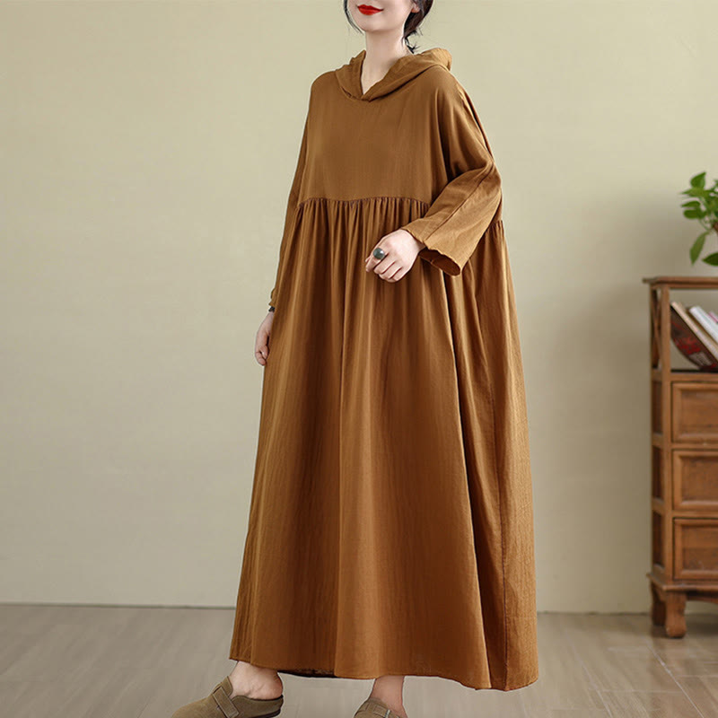 Cotton Linen Hooded Midi Dress for Mindful Daily Movement