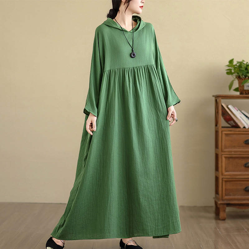 Cotton Linen Hooded Midi Dress for Mindful Daily Movement