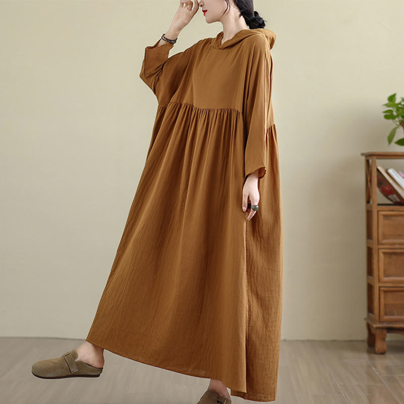 Cotton Linen Hooded Midi Dress for Mindful Daily Movement