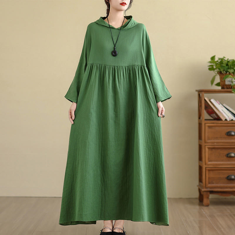 Cotton Linen Hooded Midi Dress for Mindful Daily Movement