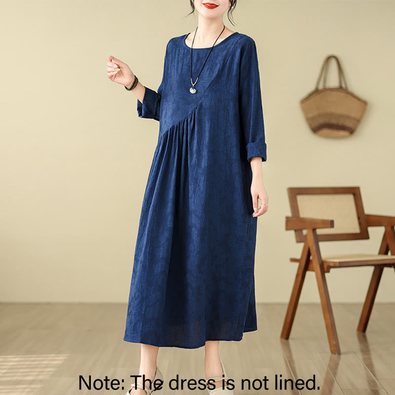 Cotton Linen Floral Jacquard Long Sleeve Midi Dress for Mindful Living