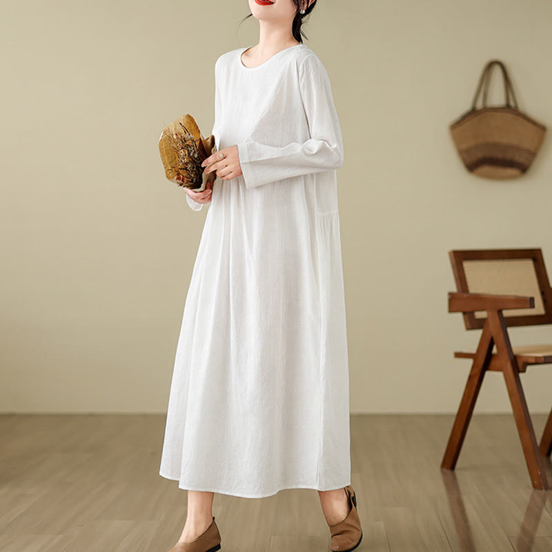 Cotton Linen Floral Jacquard Long Sleeve Midi Dress for Mindful Living