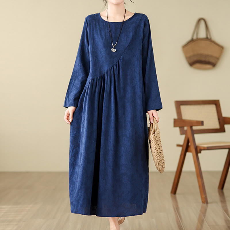 Cotton Linen Floral Jacquard Long Sleeve Midi Dress for Mindful Living