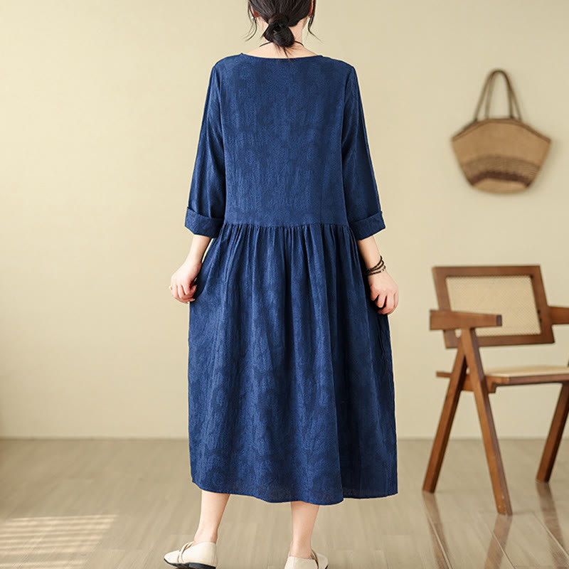 Cotton Linen Floral Jacquard Long Sleeve Midi Dress for Mindful Living