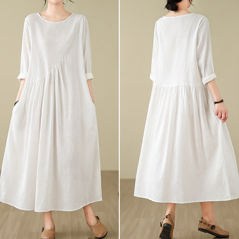 Cotton Linen Floral Jacquard Long Sleeve Midi Dress for Mindful Living
