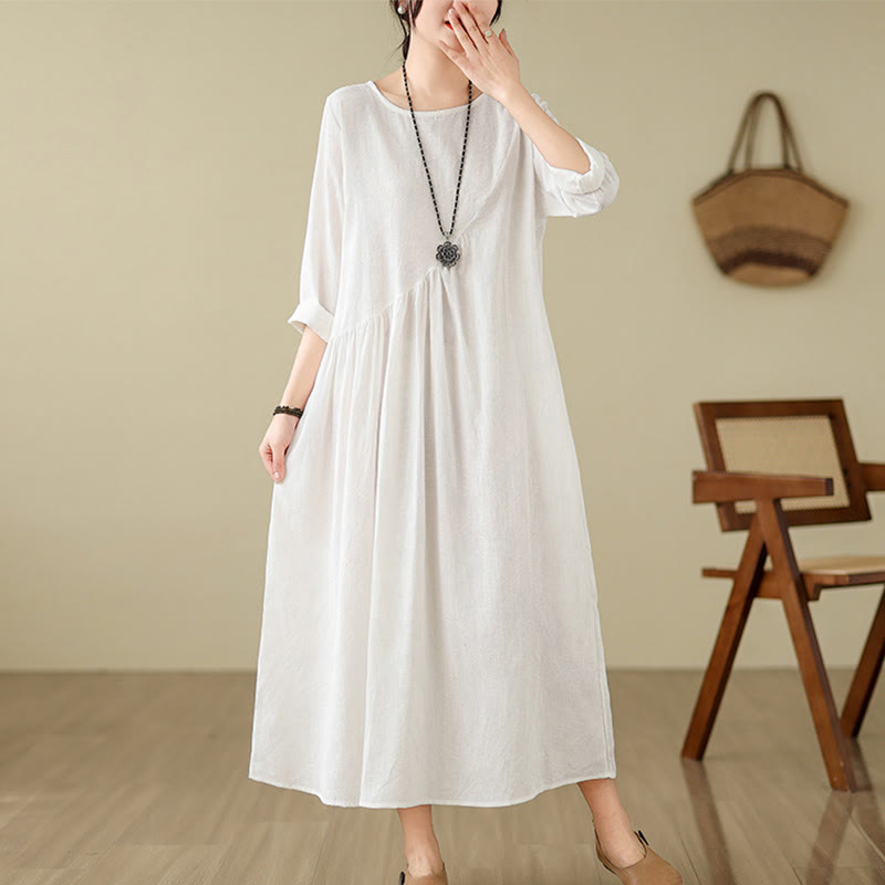 Cotton Linen Floral Jacquard Long Sleeve Midi Dress for Mindful Living
