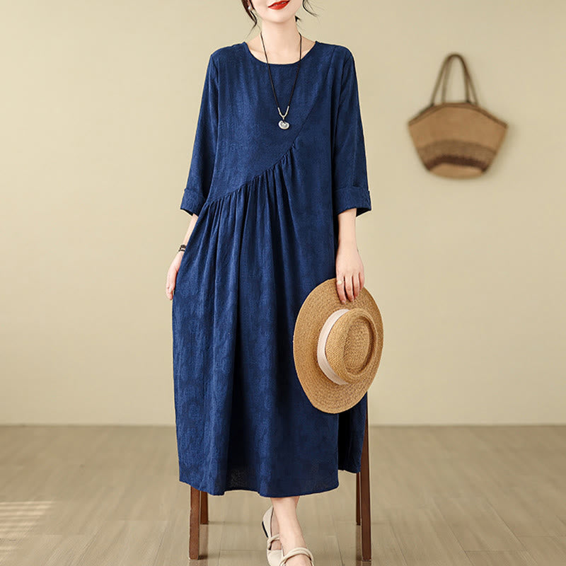 Cotton Linen Floral Jacquard Long Sleeve Midi Dress for Mindful Living