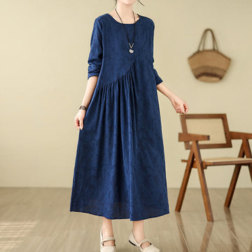 Cotton Linen Floral Jacquard Long Sleeve Midi Dress for Mindful Living