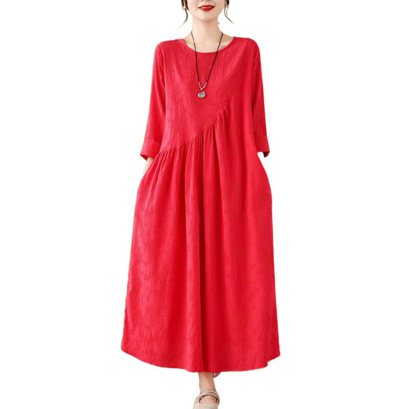 Cotton Linen Floral Jacquard Long Sleeve Midi Dress for Mindful Living