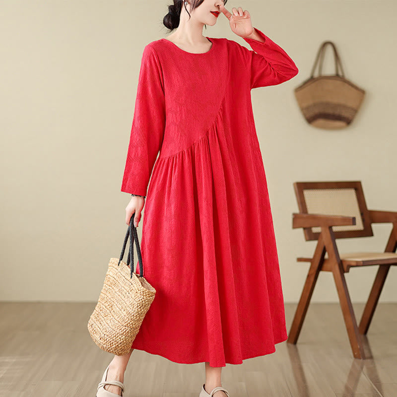 Cotton Linen Floral Jacquard Long Sleeve Midi Dress for Mindful Living