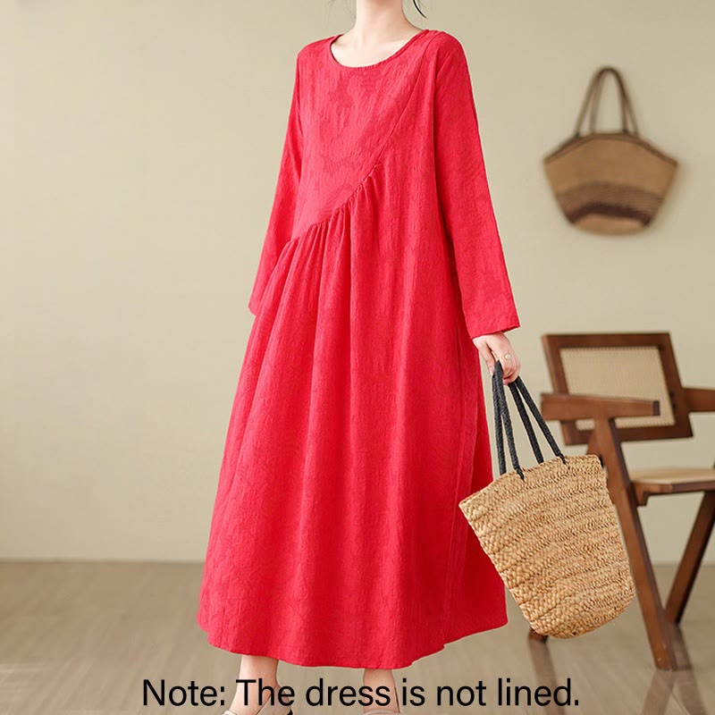 Cotton Linen Floral Jacquard Long Sleeve Midi Dress for Mindful Living