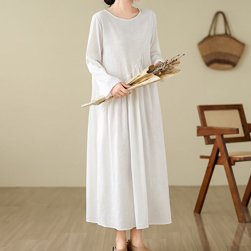 Cotton Linen Floral Jacquard Long Sleeve Midi Dress for Mindful Living