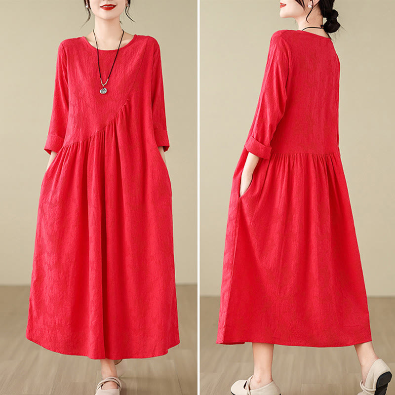 Cotton Linen Floral Jacquard Long Sleeve Midi Dress for Mindful Living
