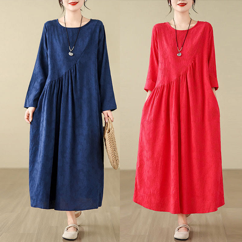 Cotton Linen Floral Jacquard Long Sleeve Midi Dress for Mindful Living