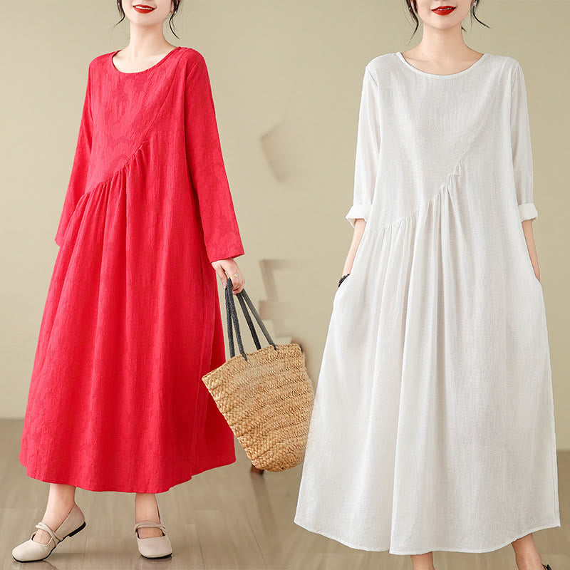 Cotton Linen Floral Jacquard Long Sleeve Midi Dress for Mindful Living
