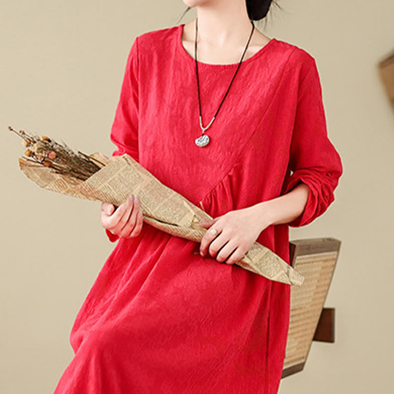 Cotton Linen Floral Jacquard Long Sleeve Midi Dress for Mindful Living