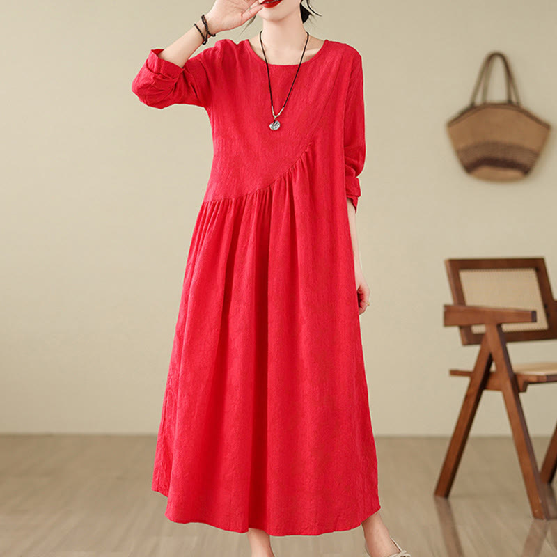 Cotton Linen Floral Jacquard Long Sleeve Midi Dress for Mindful Living