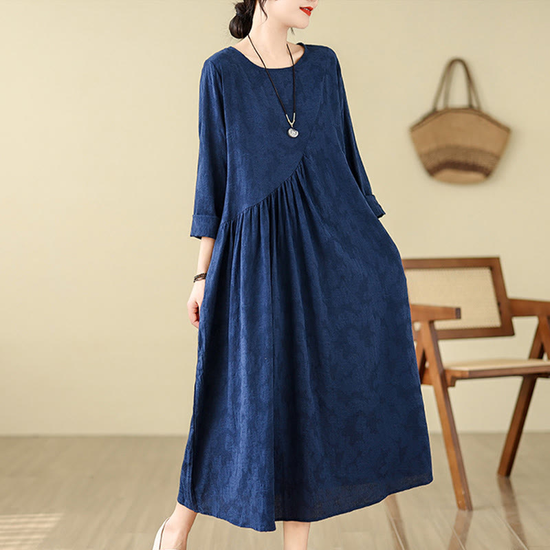 Cotton Linen Floral Jacquard Long Sleeve Midi Dress for Mindful Living